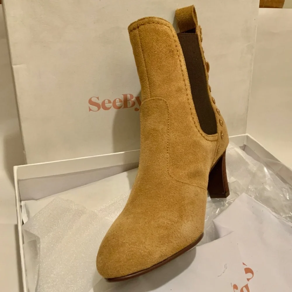 See by Chloé Beige Tan Suede Tasseled Studded Chelsea Ankle Boots Boho Booties